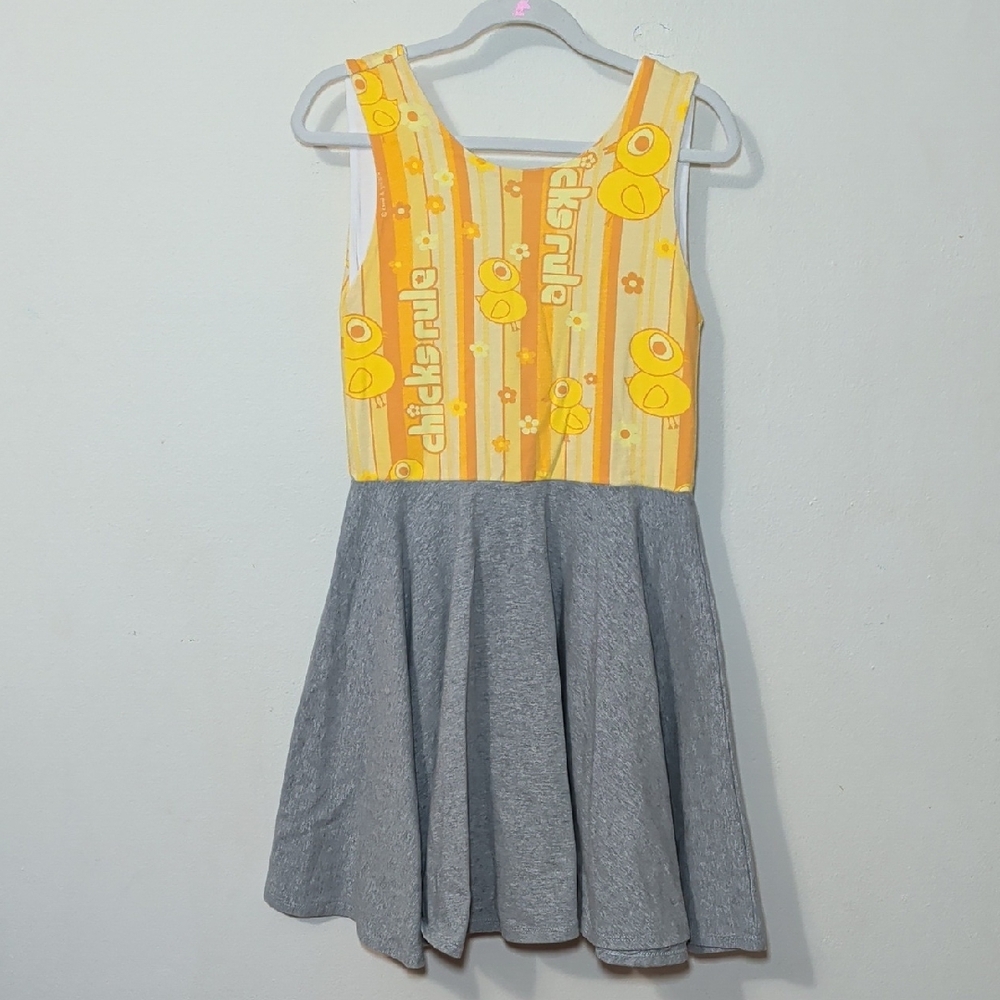 Malia + Kai Chicks Rule Cotton Twirl Dress Yellow Gray Spring Easter Girl Size 7